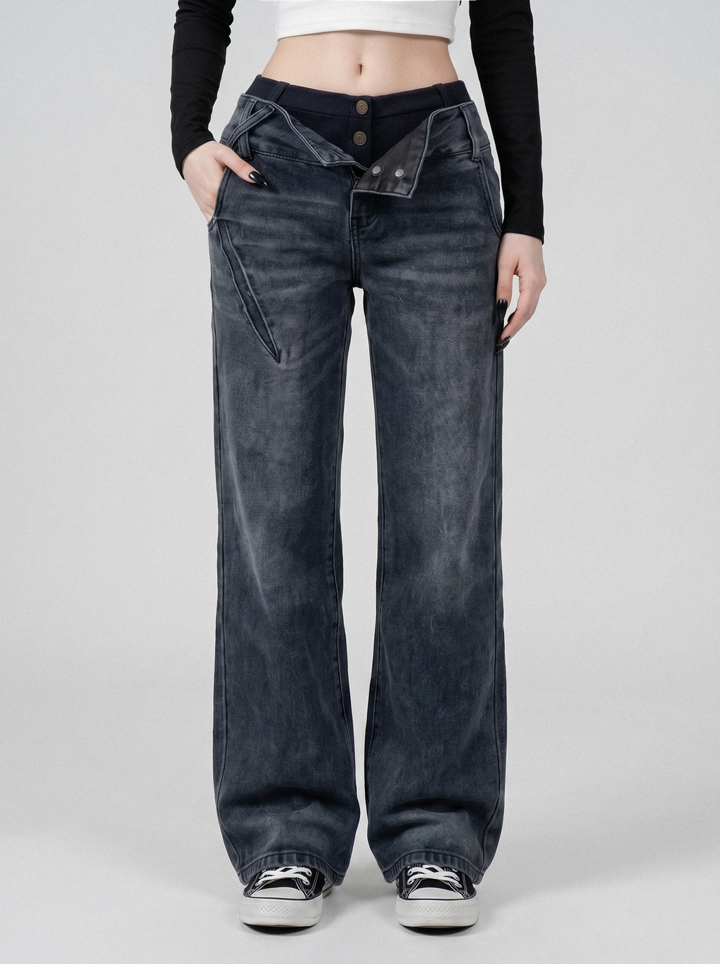 Foldover Waist Bootcut Jeans - front view