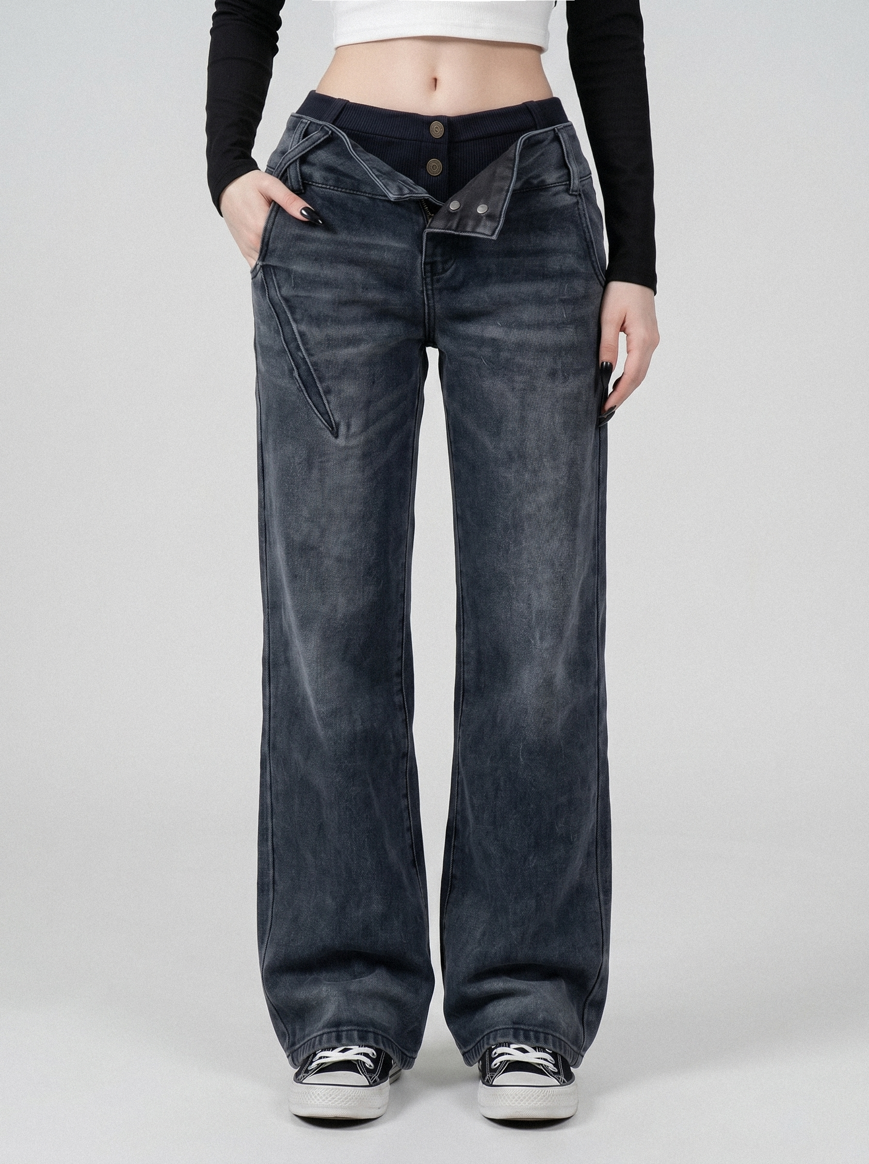 Foldover Waist Bootcut Jeans