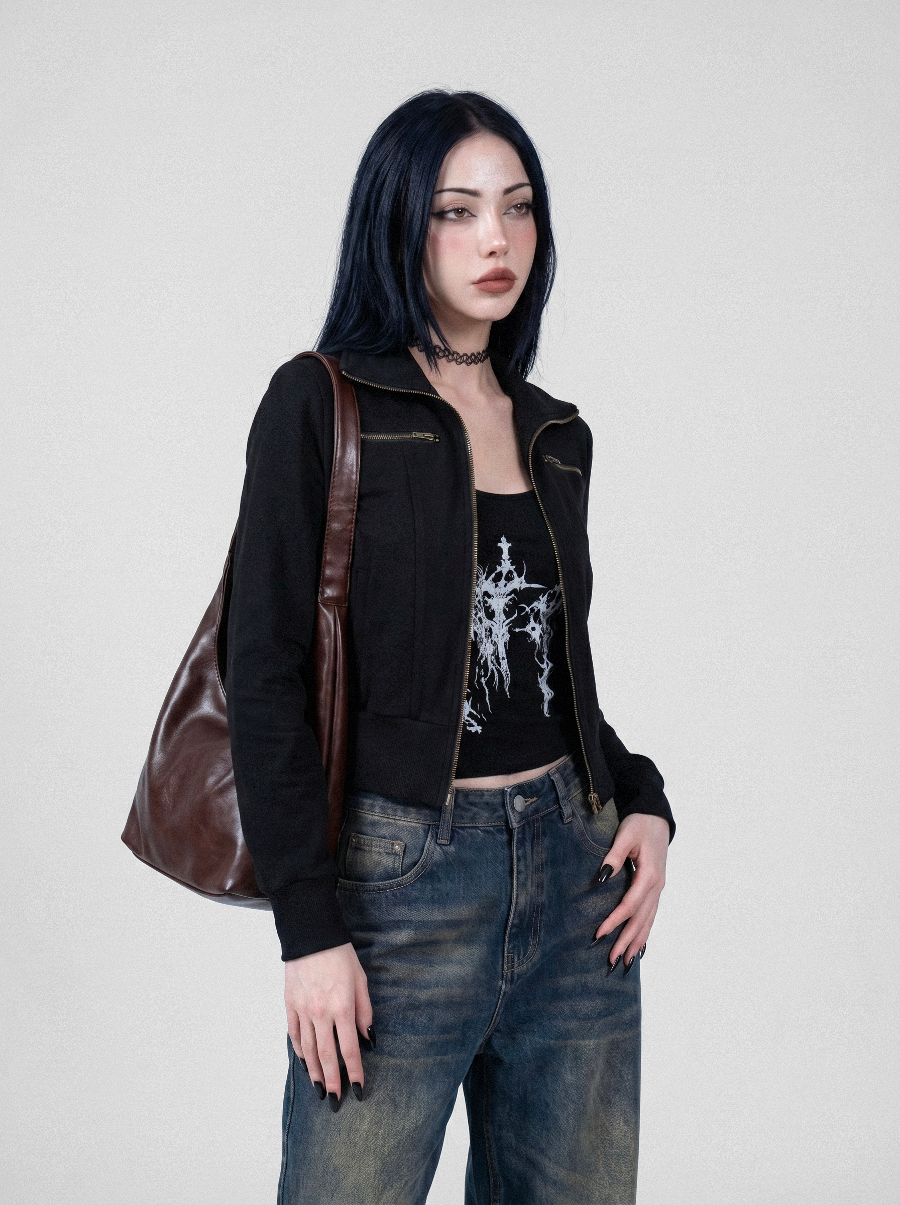 Funnel Neck Cropped Bomber Jacket - front view