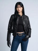 Quilted Shoulder Slim Moto Jacket - front view