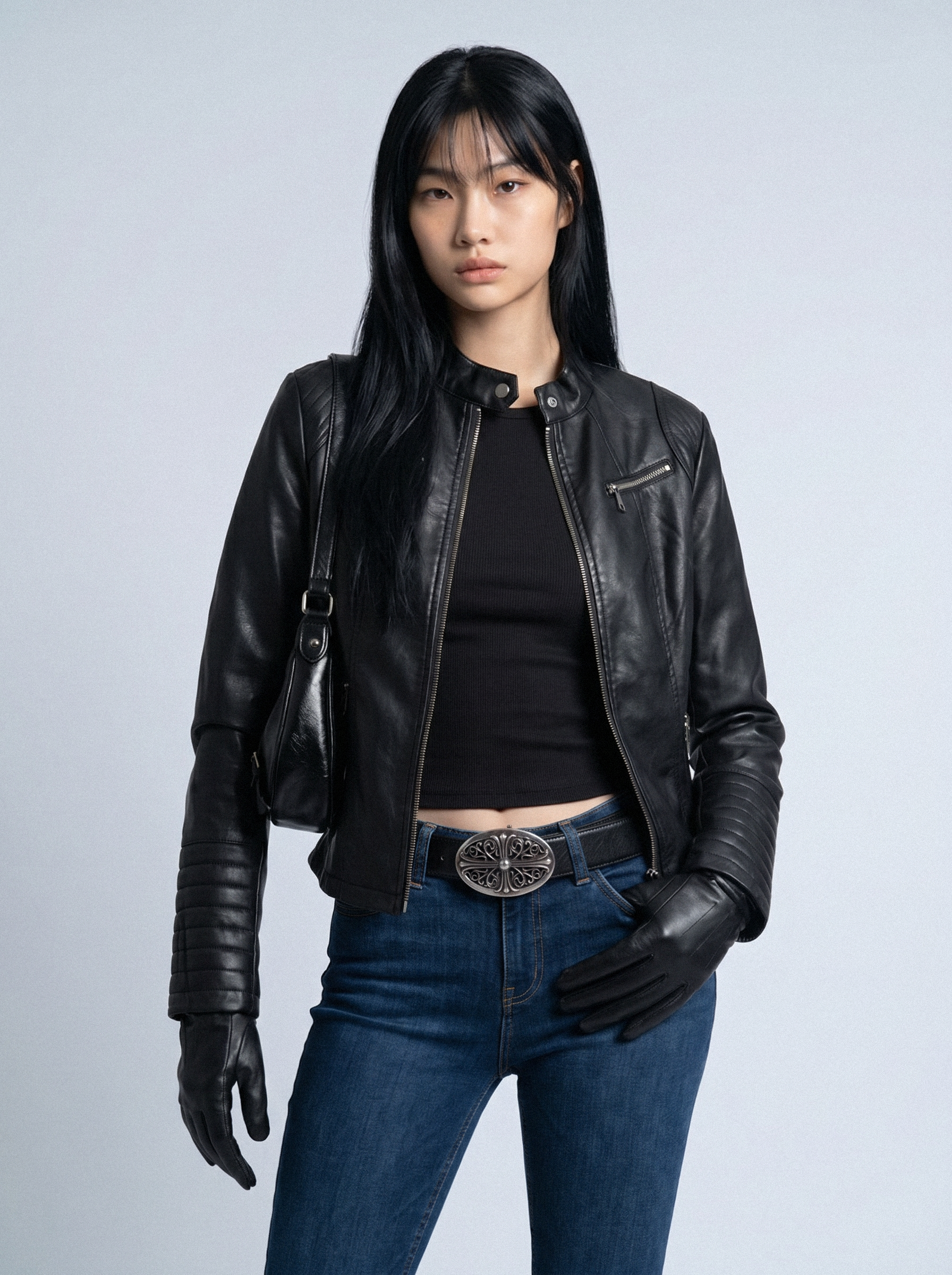 Quilted Shoulder Slim Moto Jacket - front view