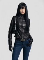 High Funnel Slim Leather Jacket - front view