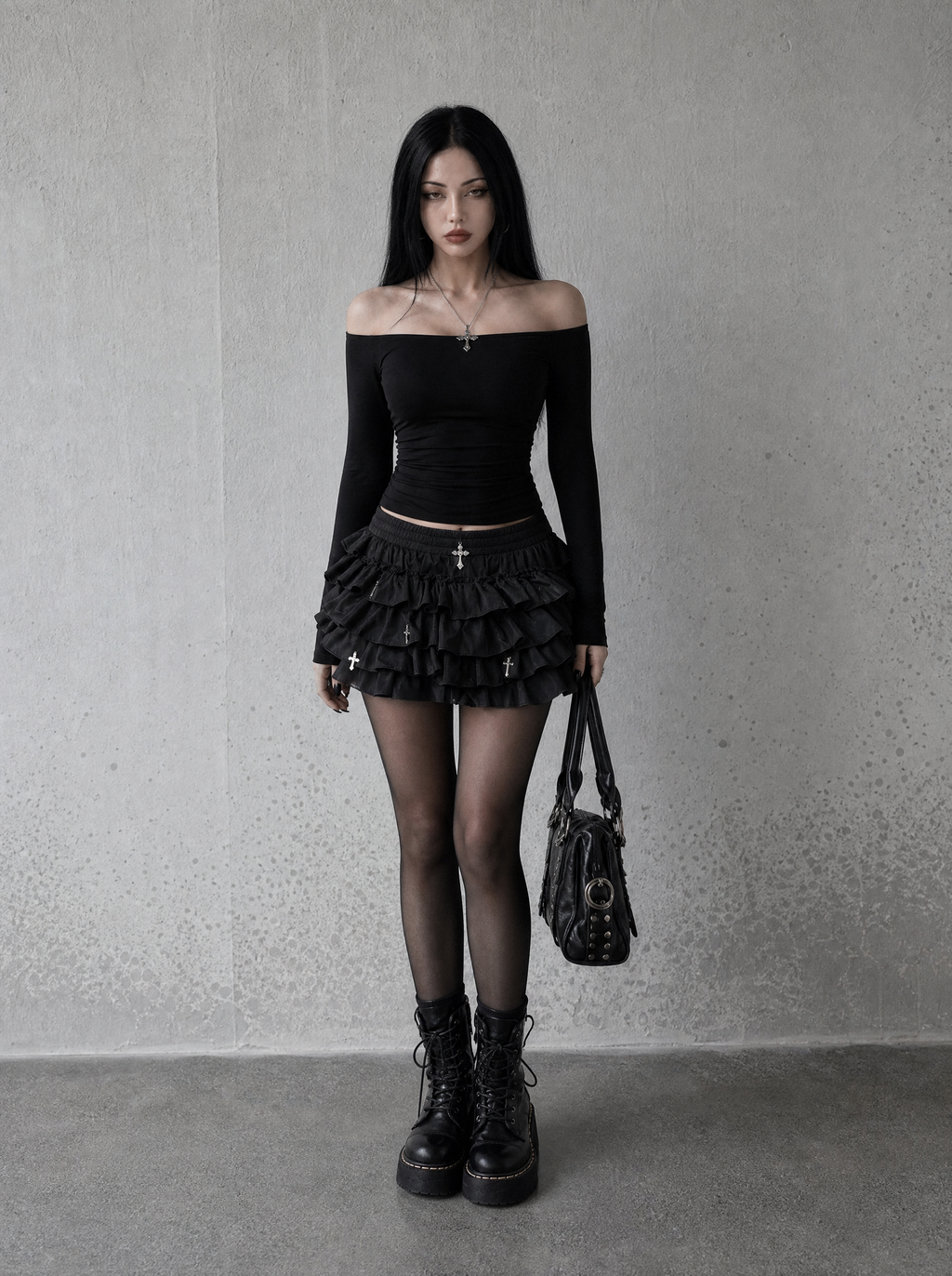 CROSS CHARM TIERED MINI SKIRT