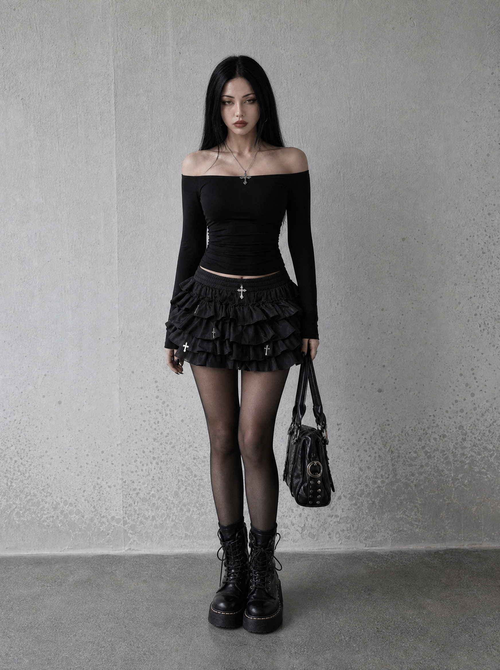 CROSS CHARM TIERED MINI SKIRT