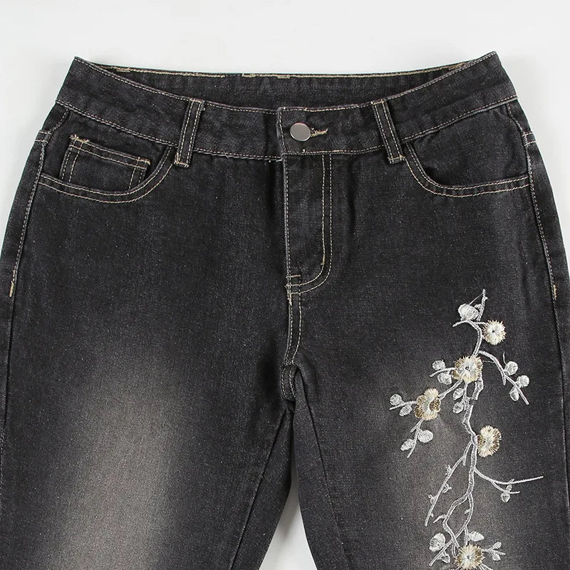 Cherry Blossom Embroidered Flare Jeans - detail view