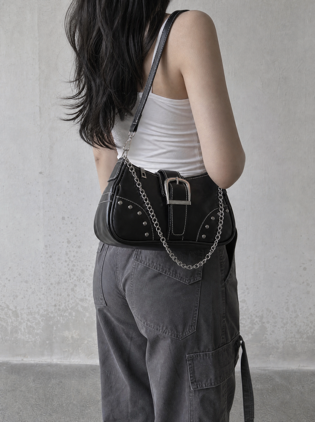 Studded Buckle Chain Shoulder Bag