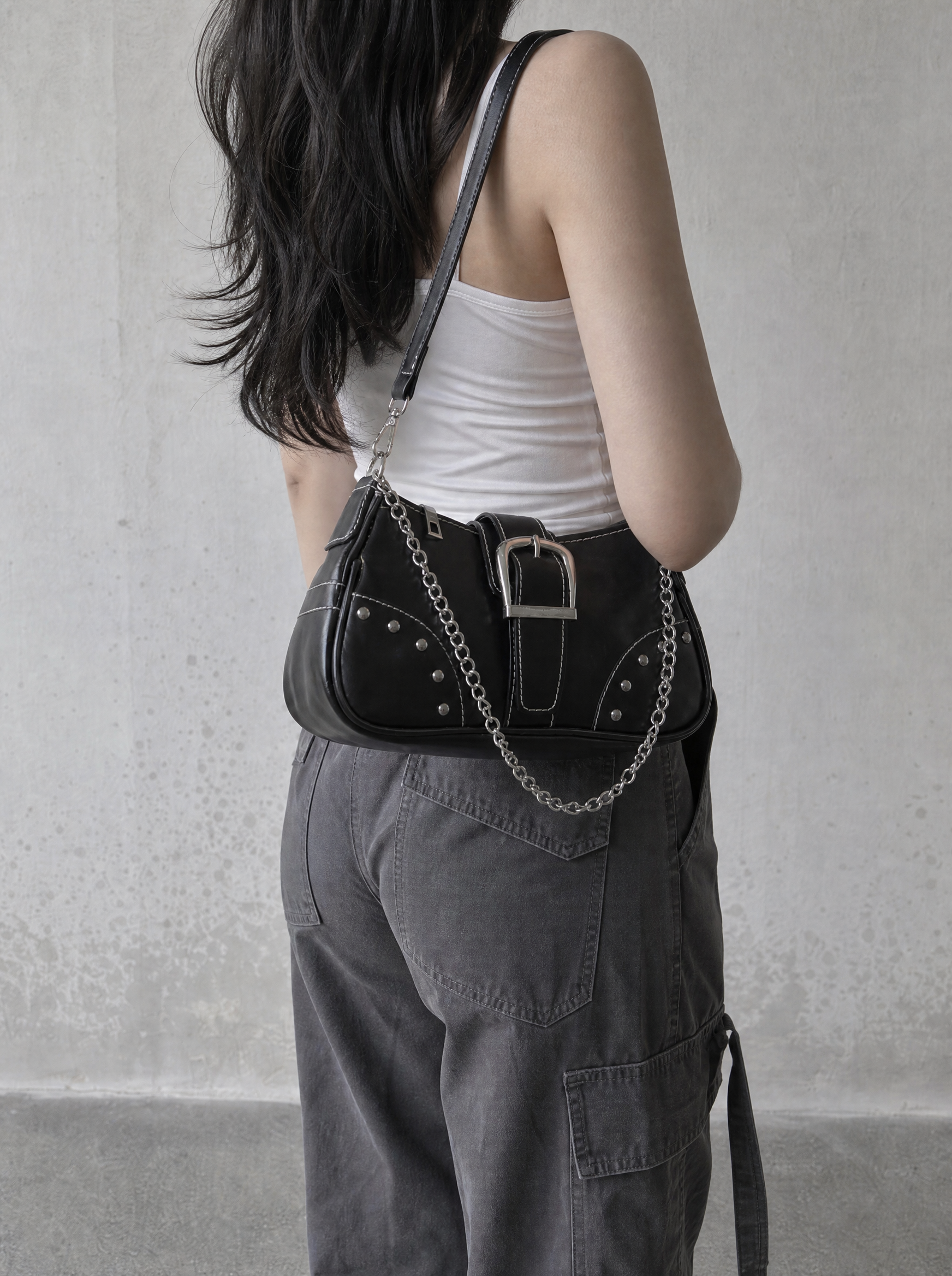 Studded Buckle Chain Shoulder Bag