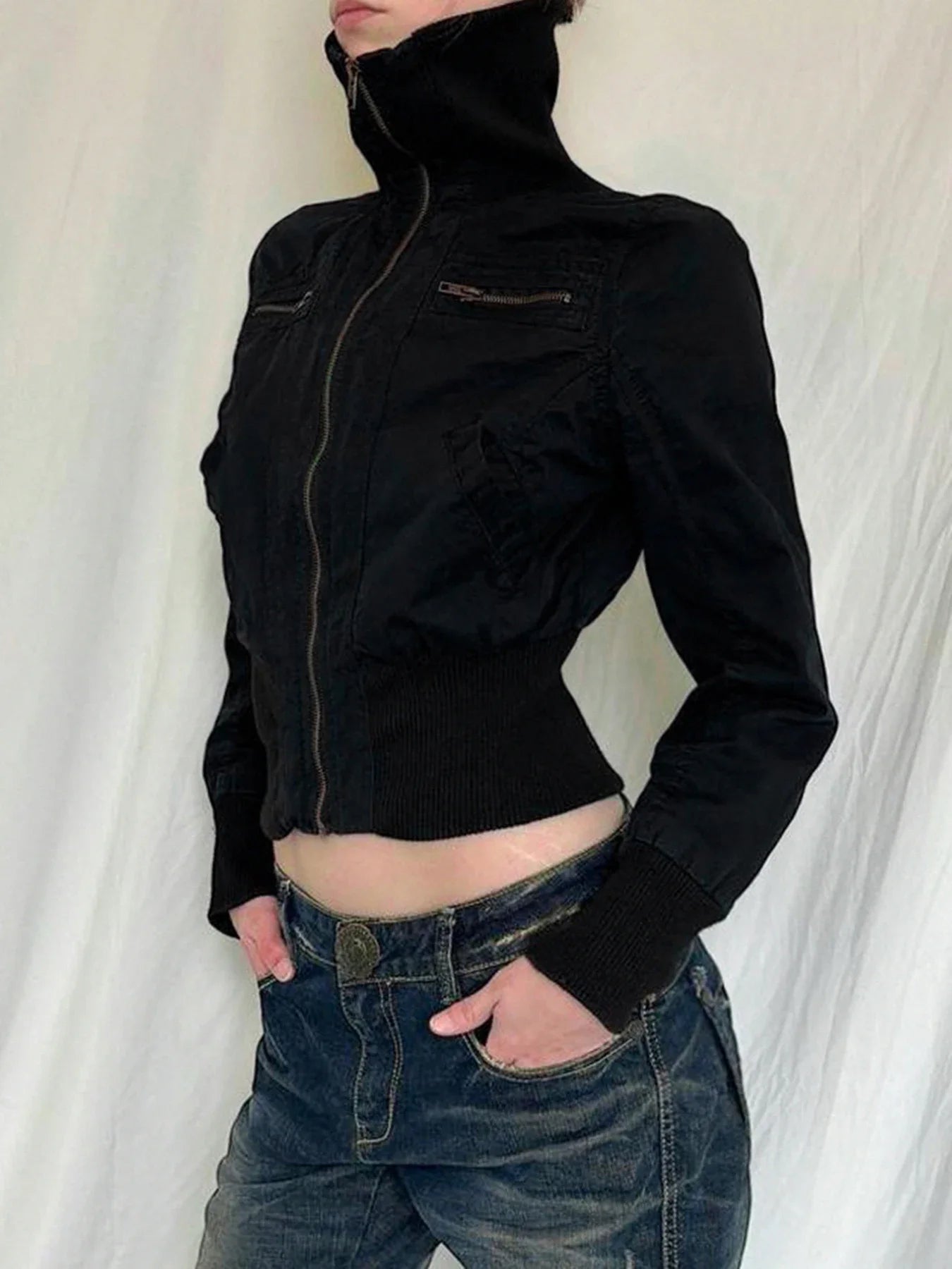 Funnel Neck Cropped Bomber Jacket - full length view