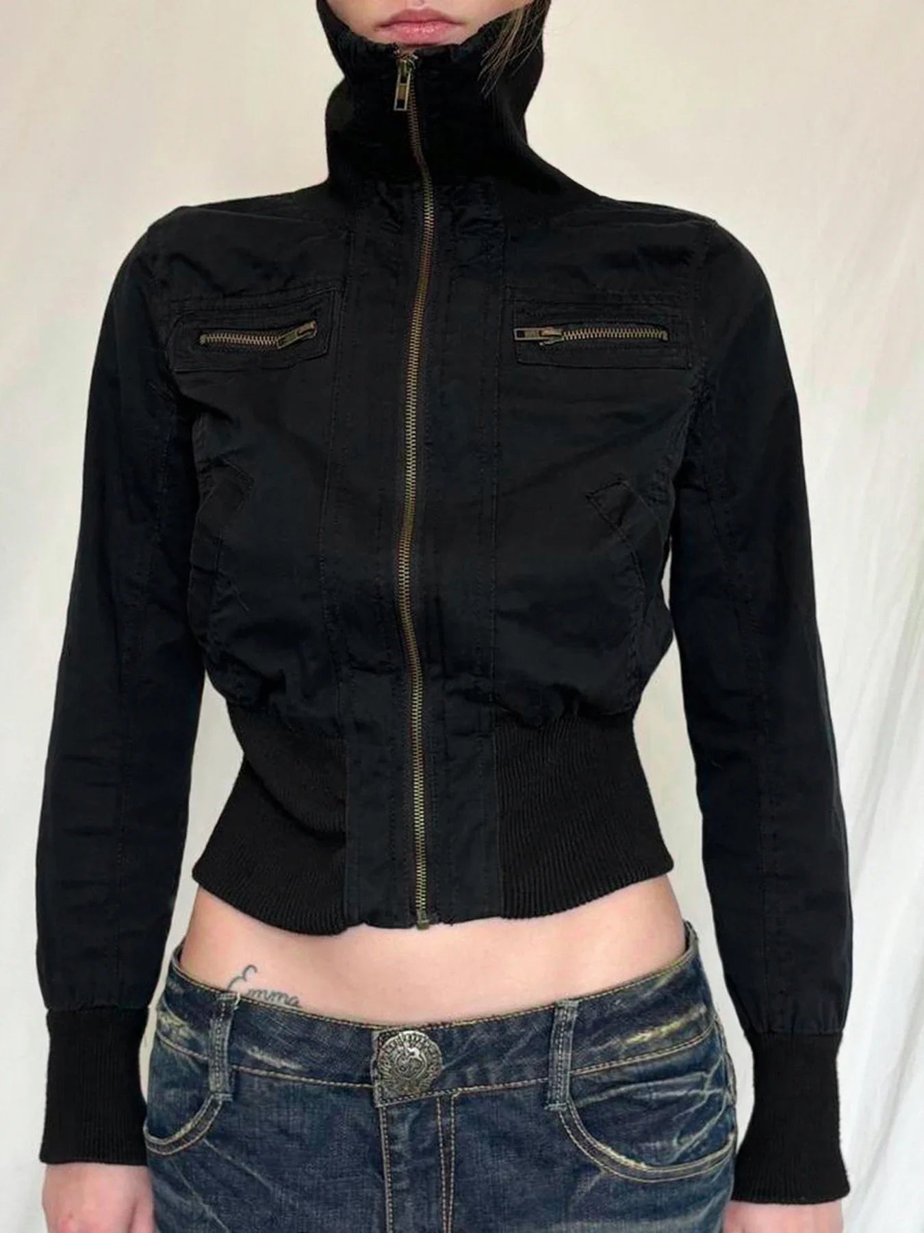 Funnel Neck Cropped Bomber Jacket - texture detail