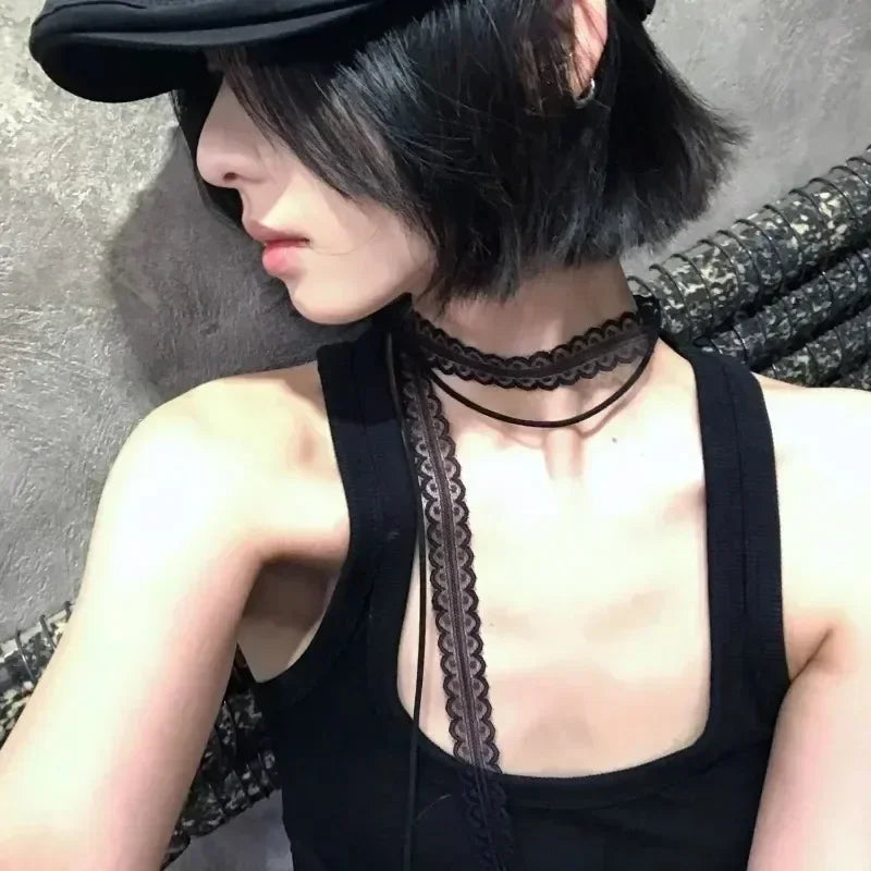Black lace ribbon wrap choker with long ties