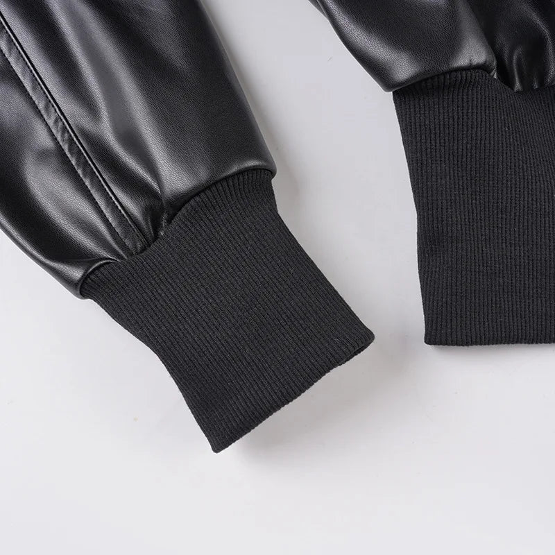 Cropped Bomber Faux Leather Jacket