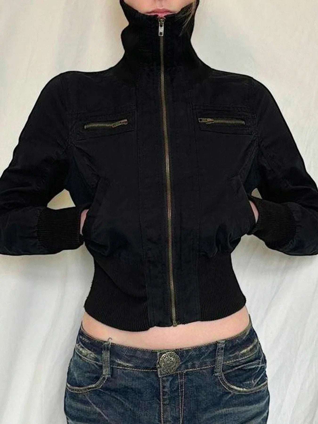 Funnel Neck Cropped Bomber Jacket - close-up