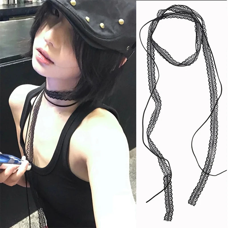 Black lace ribbon wrap choker with long ties