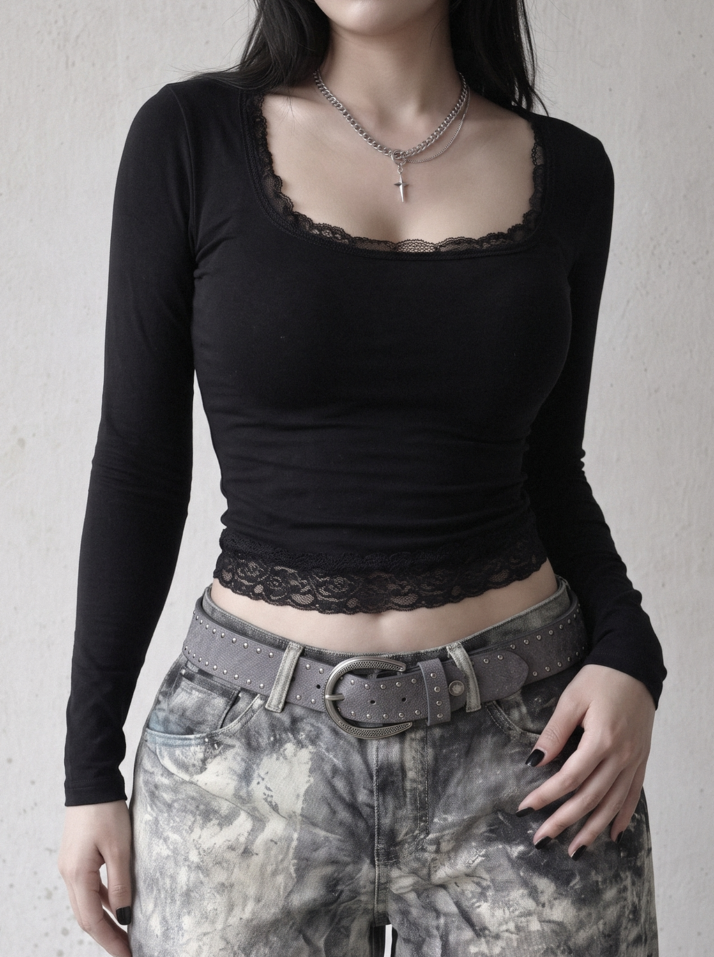 Lace Trim Square-Neck Top Black