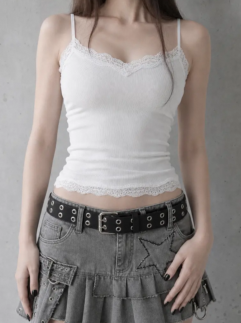 Lace Trim Ribbed Cami White