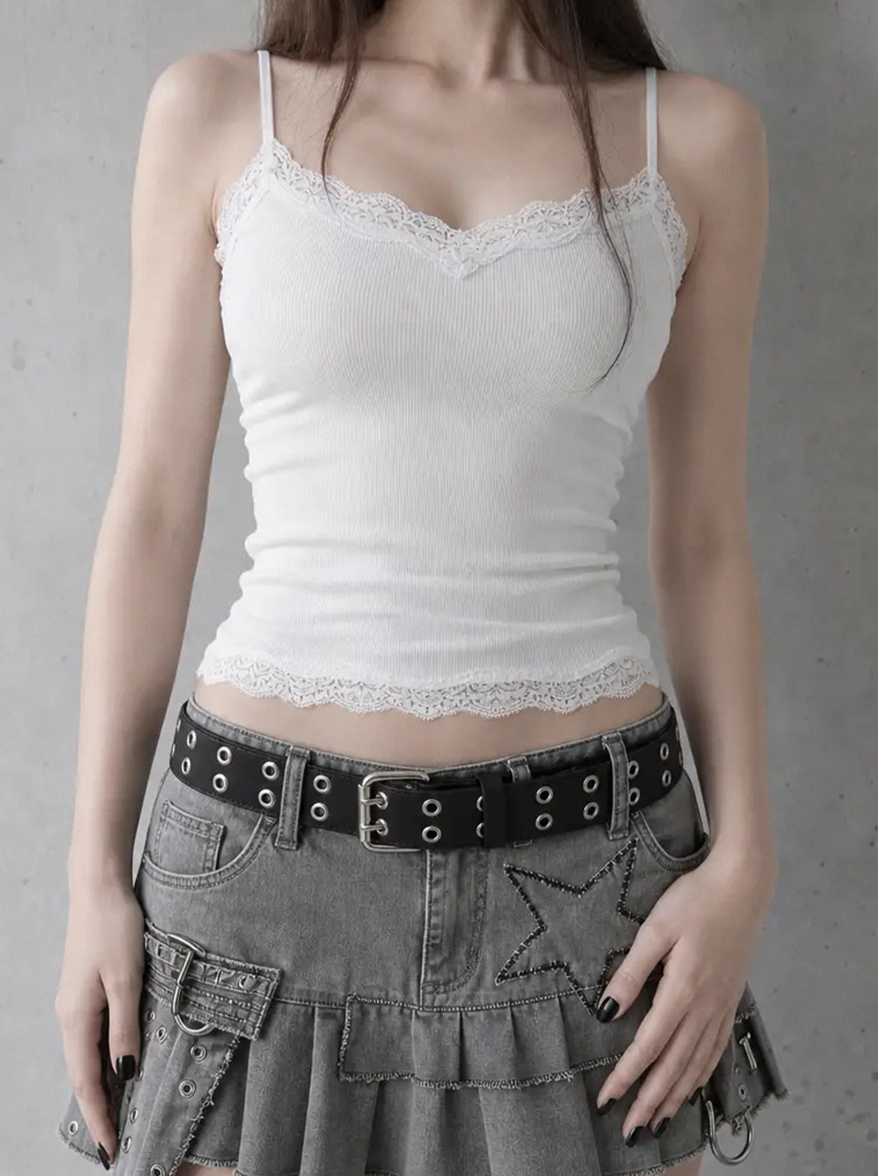 Lace Trim Ribbed Cami White