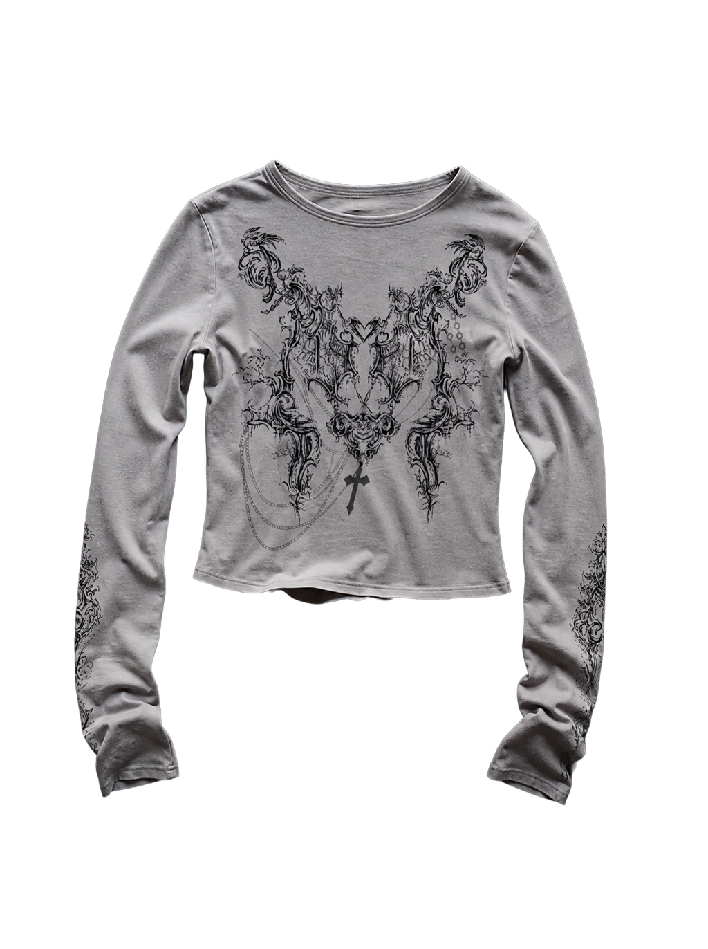 Baroque Print Crop Long Sleeve Grey