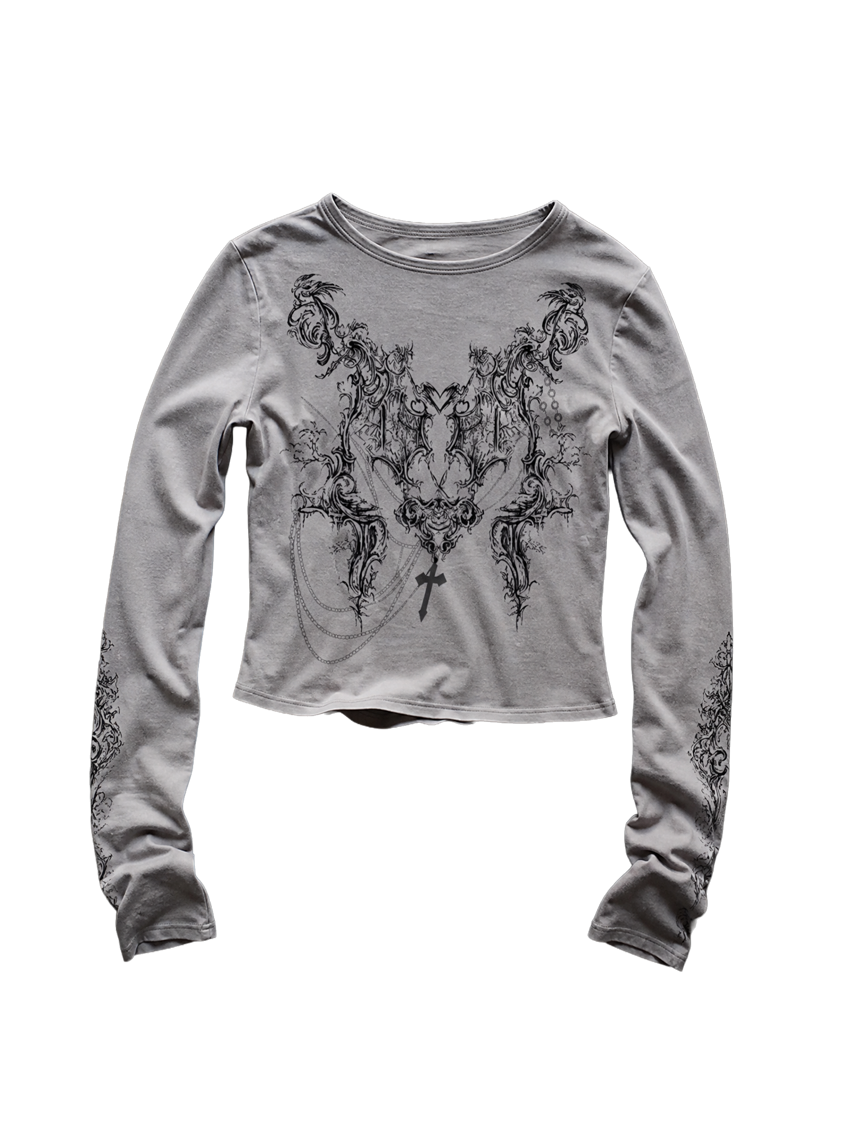 Baroque Print Crop Long Sleeve Grey