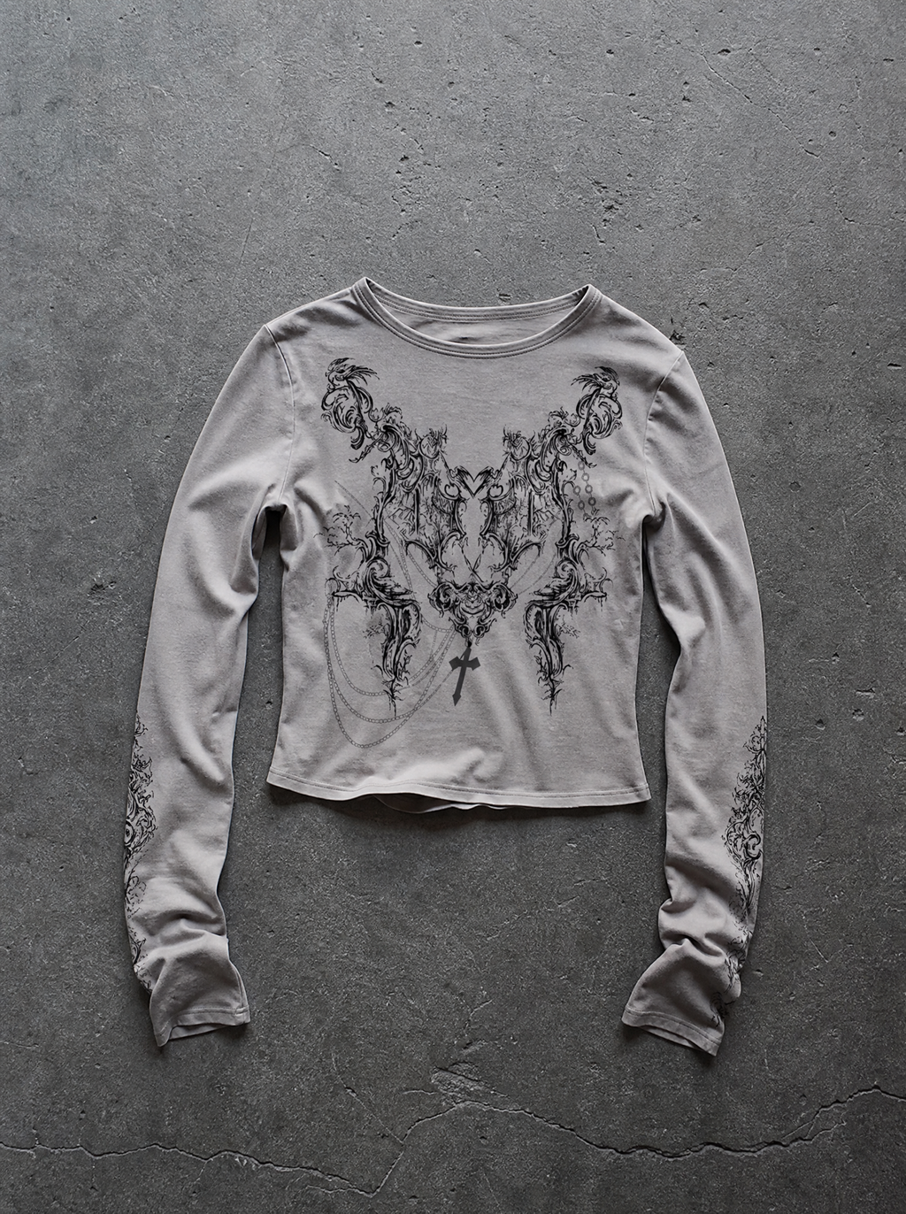 Baroque Print Crop Long Sleeve Grey