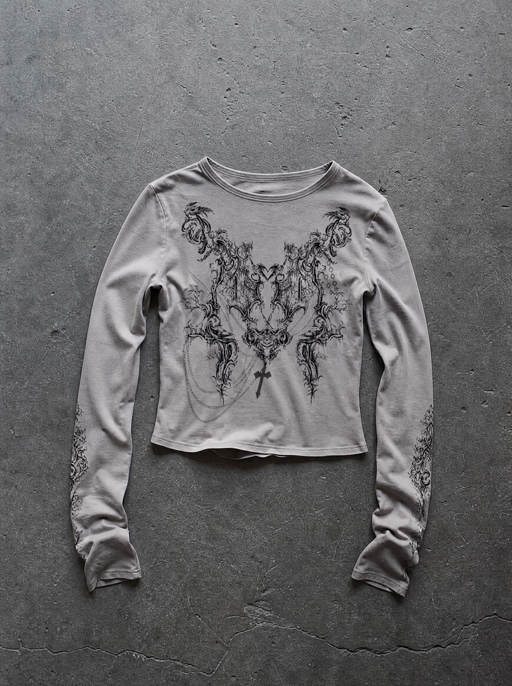Baroque Print Crop Long Sleeve Grey