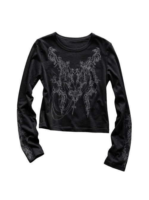 Baroque Print Crop Long Sleeve Black