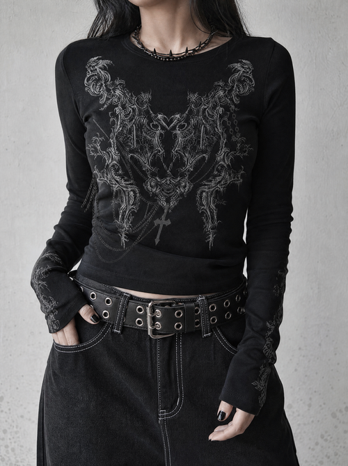 Baroque Print Crop Long Sleeve Black