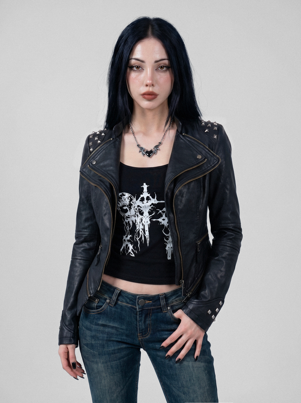 Pyramid Stud Asymmetric Moto Jacket - front view