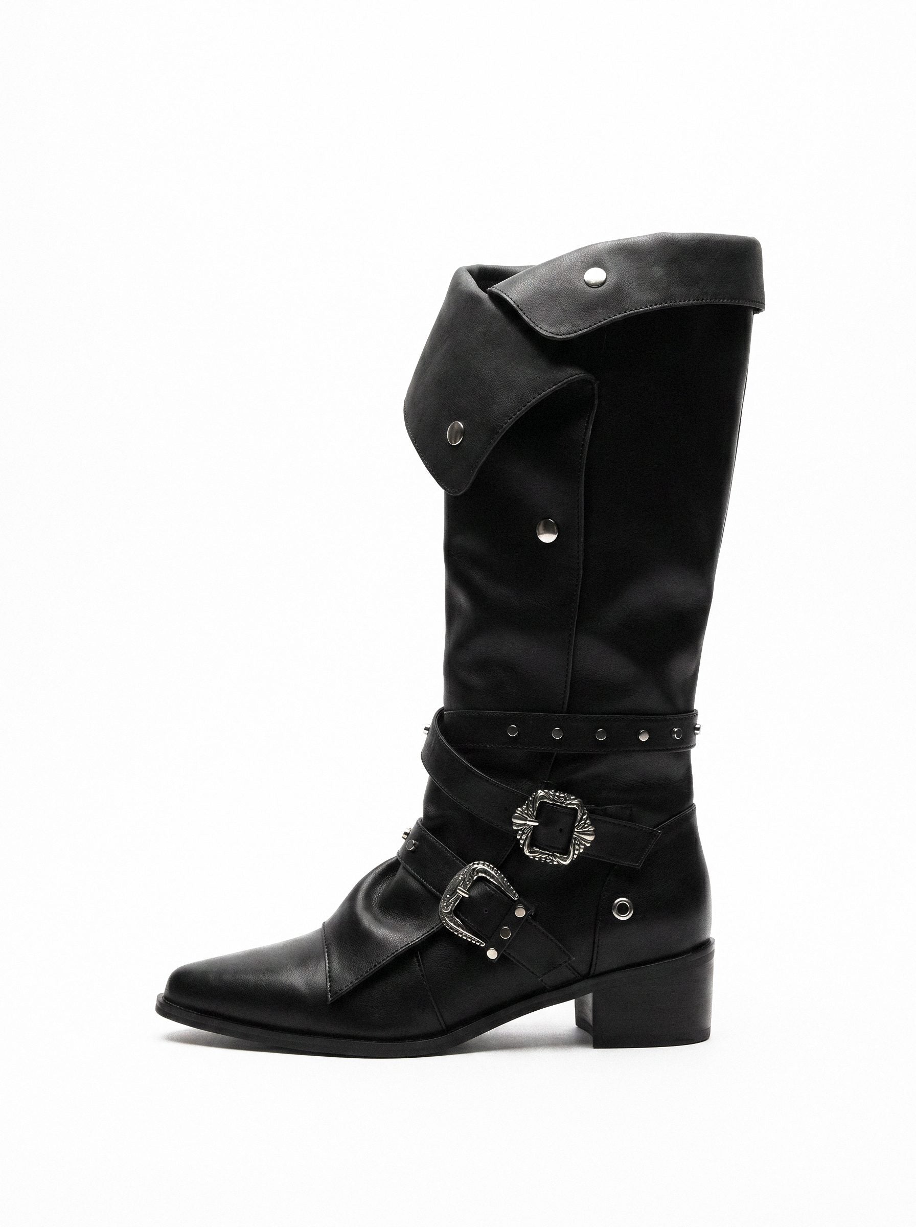 BUCKLE STRAP FOLDOVER KNIGHT BOOTS