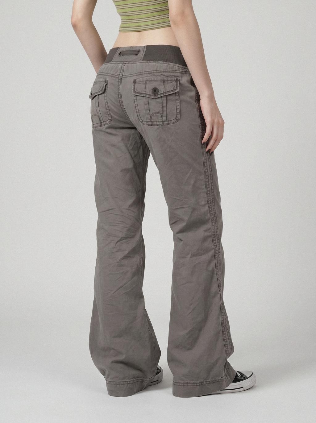 Drawstring Waist Flare Cargo Pants - back view
