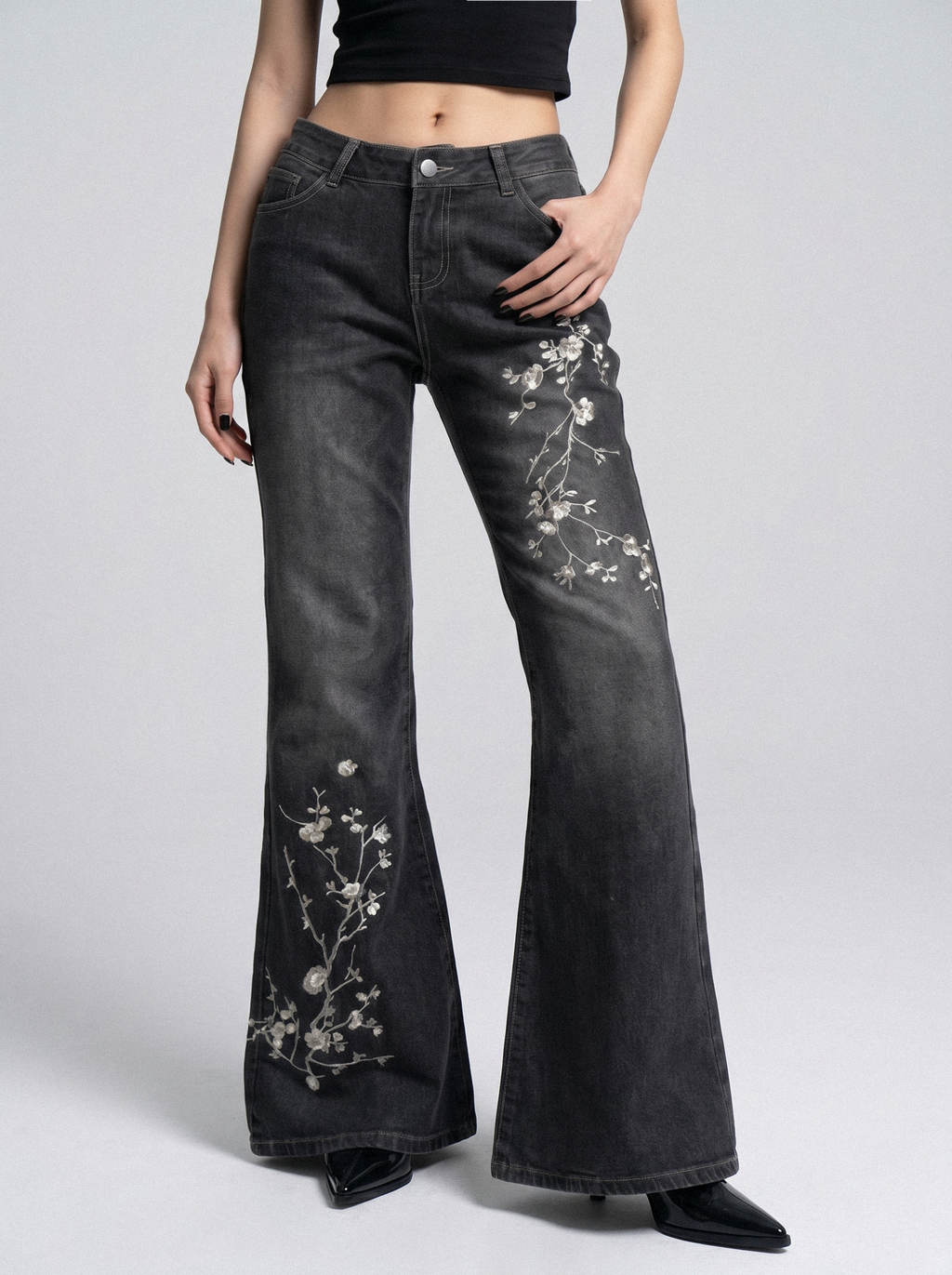 Cherry Blossom Embroidered Flare Jeans - front view