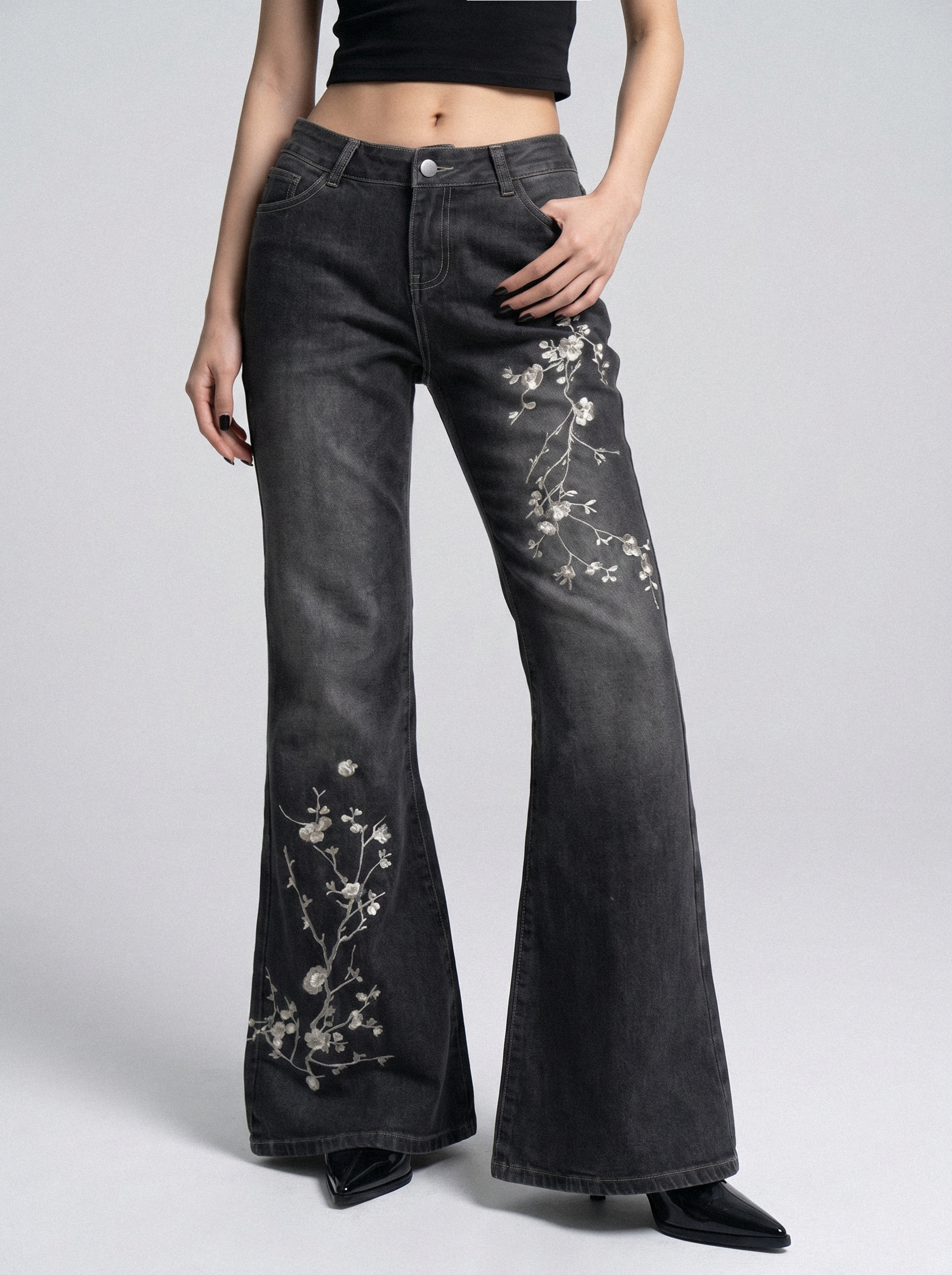 Cherry Blossom Embroidered Flare Jeans