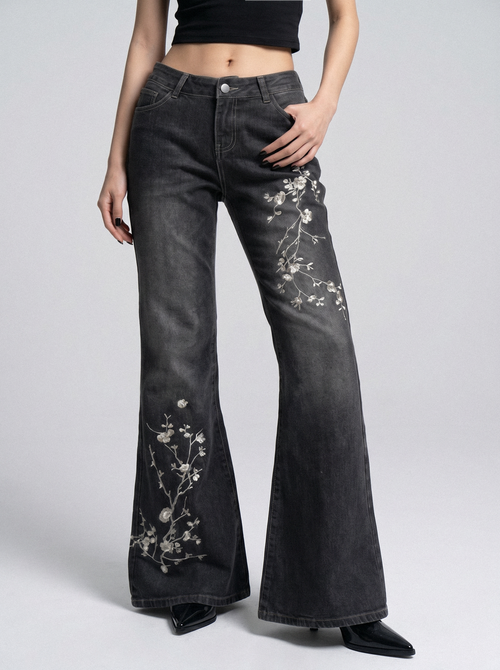 Cherry Blossom Embroidered Flare Jeans - front view