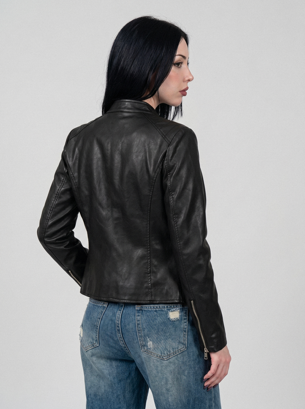 Ribbed Shoulder Slim Moto Jacket - back view