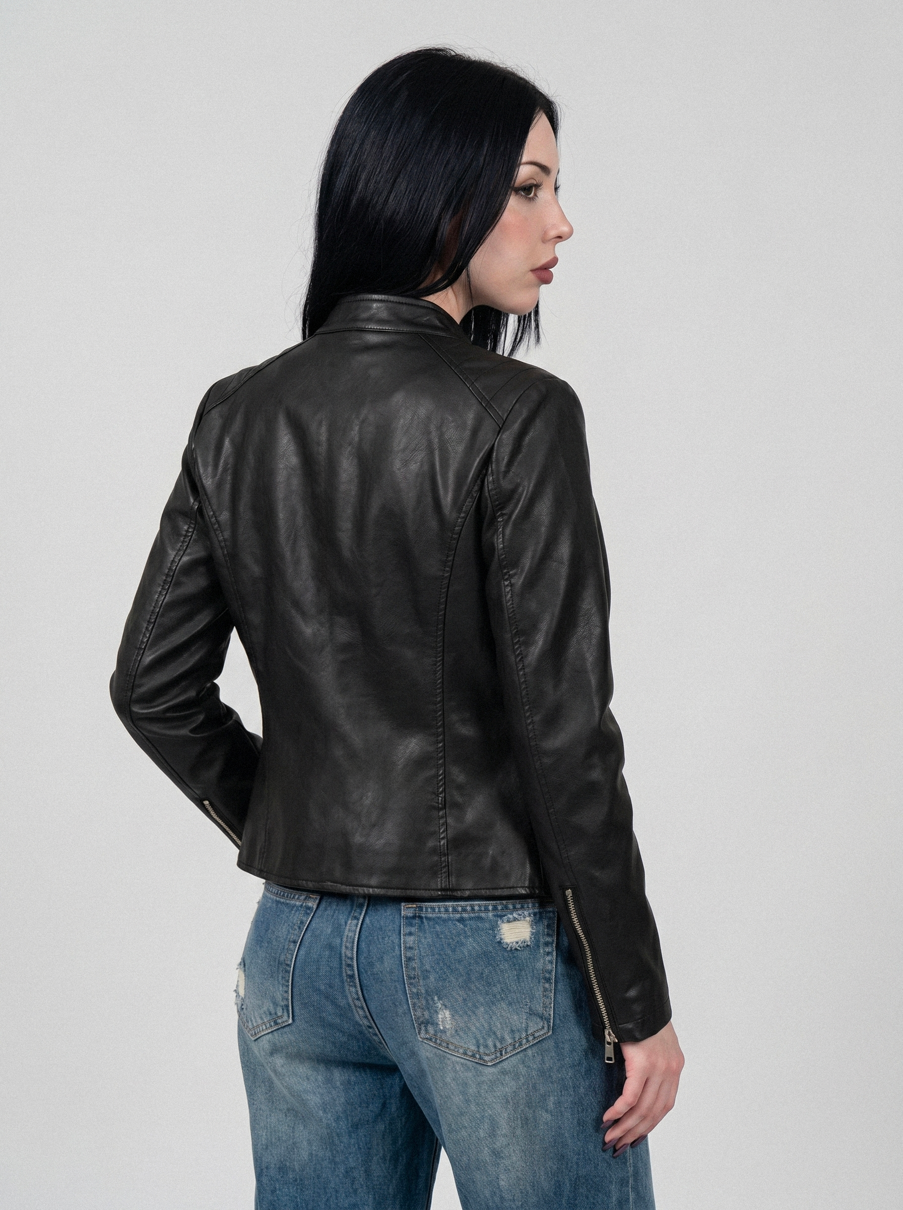 Ribbed Shoulder Slim Moto Jacket - back view