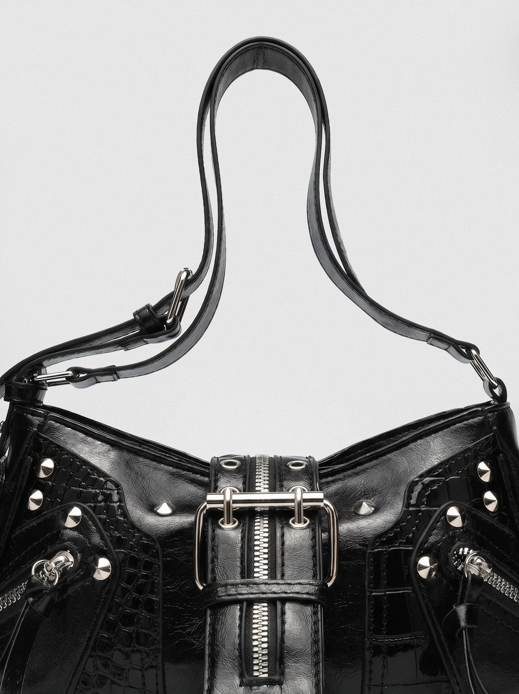 Studded Croc Moto Baguette Bag - detail view