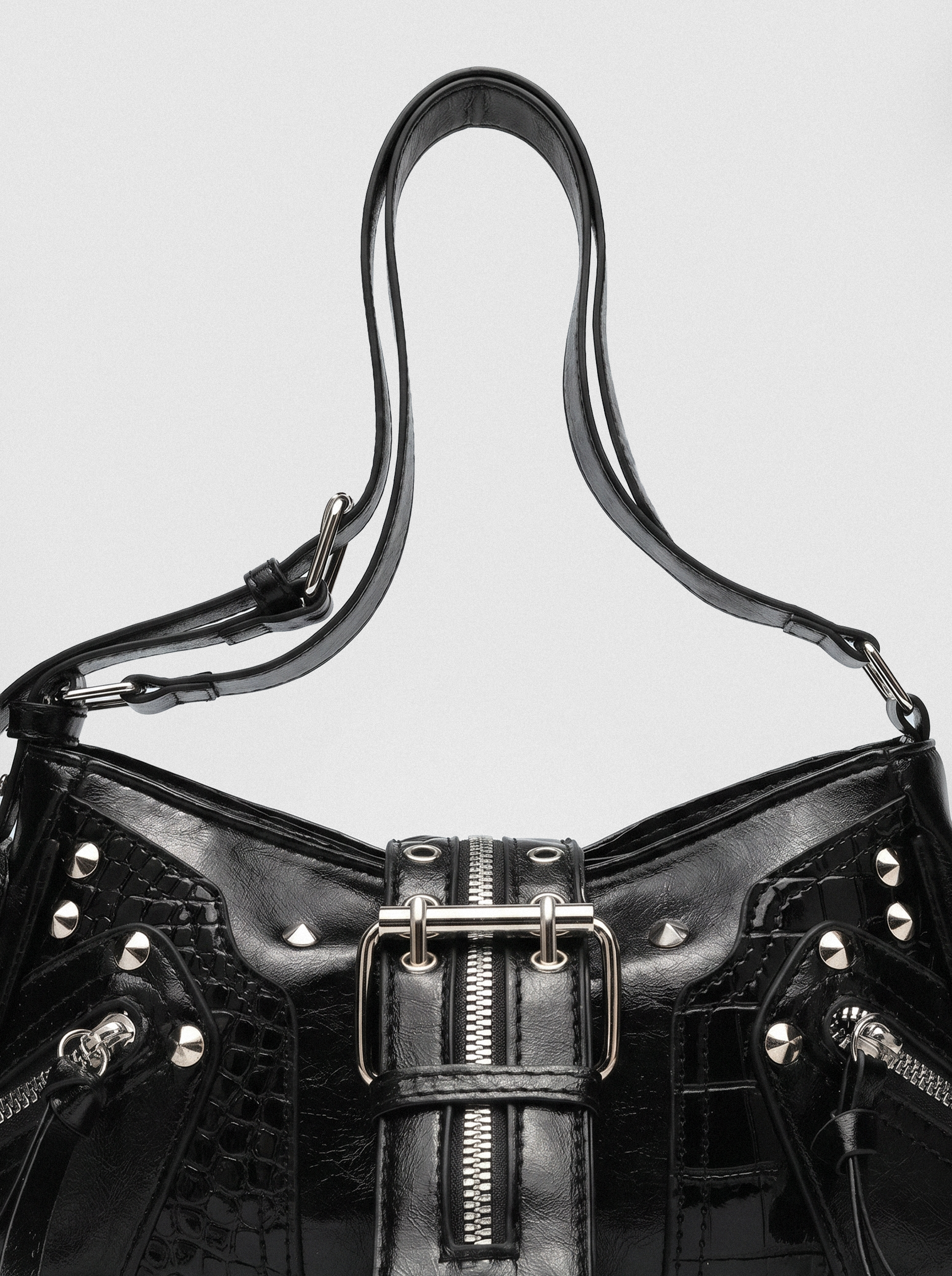 Studded Croc Moto Baguette Bag - detail view