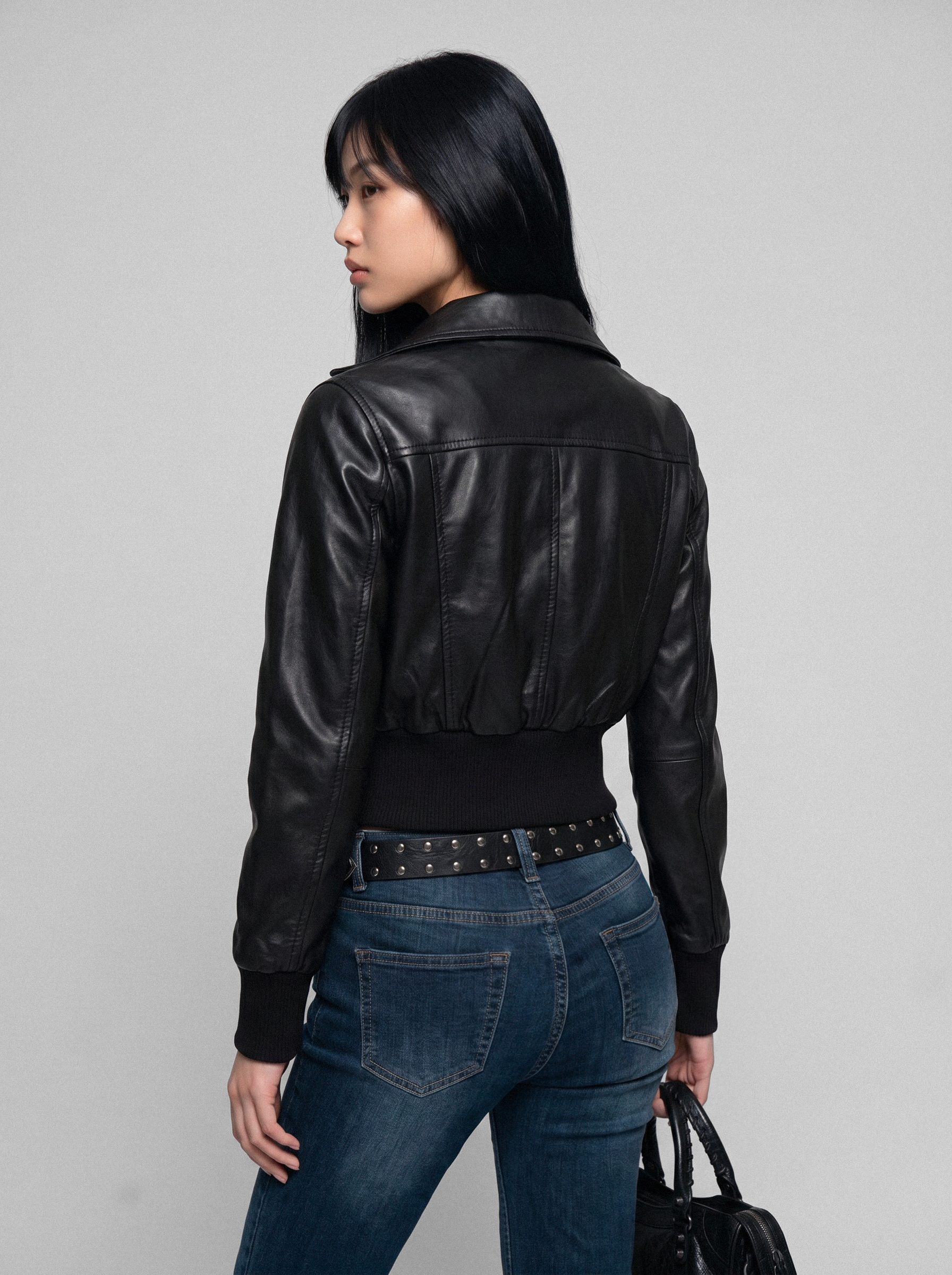 Cropped Bomber Faux Leather Jacket - back view