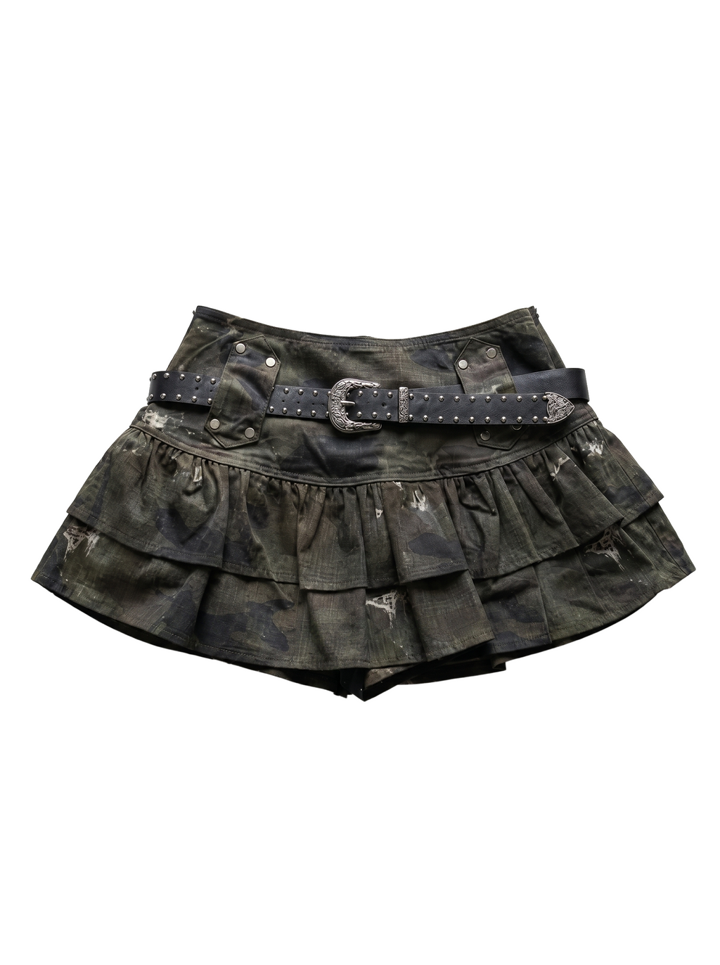 CAMO BELTED TIERED MINI SKIRT
