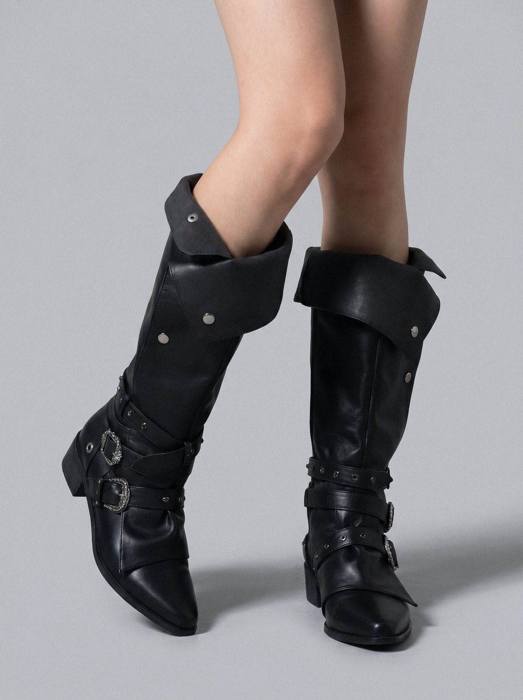 Buckle Strap Foldover Knight Boots - front view