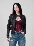 Ribbed Shoulder Slim Moto Jacket - front view