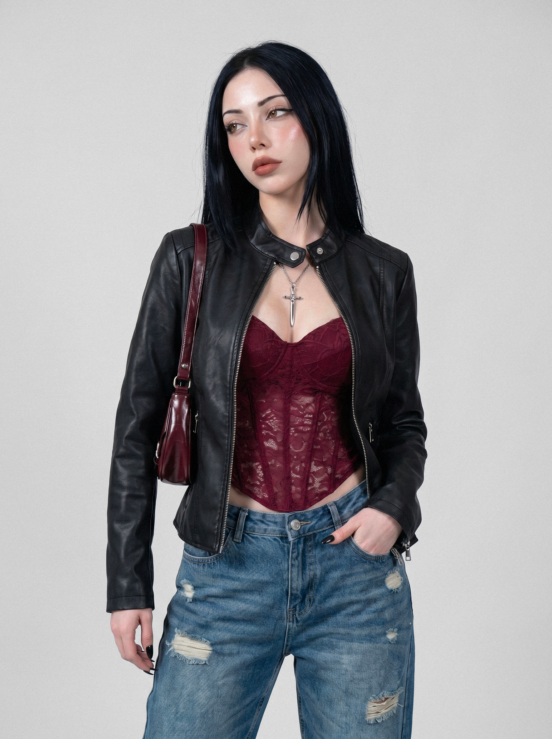 Ribbed Shoulder Slim Moto Jacket - front view