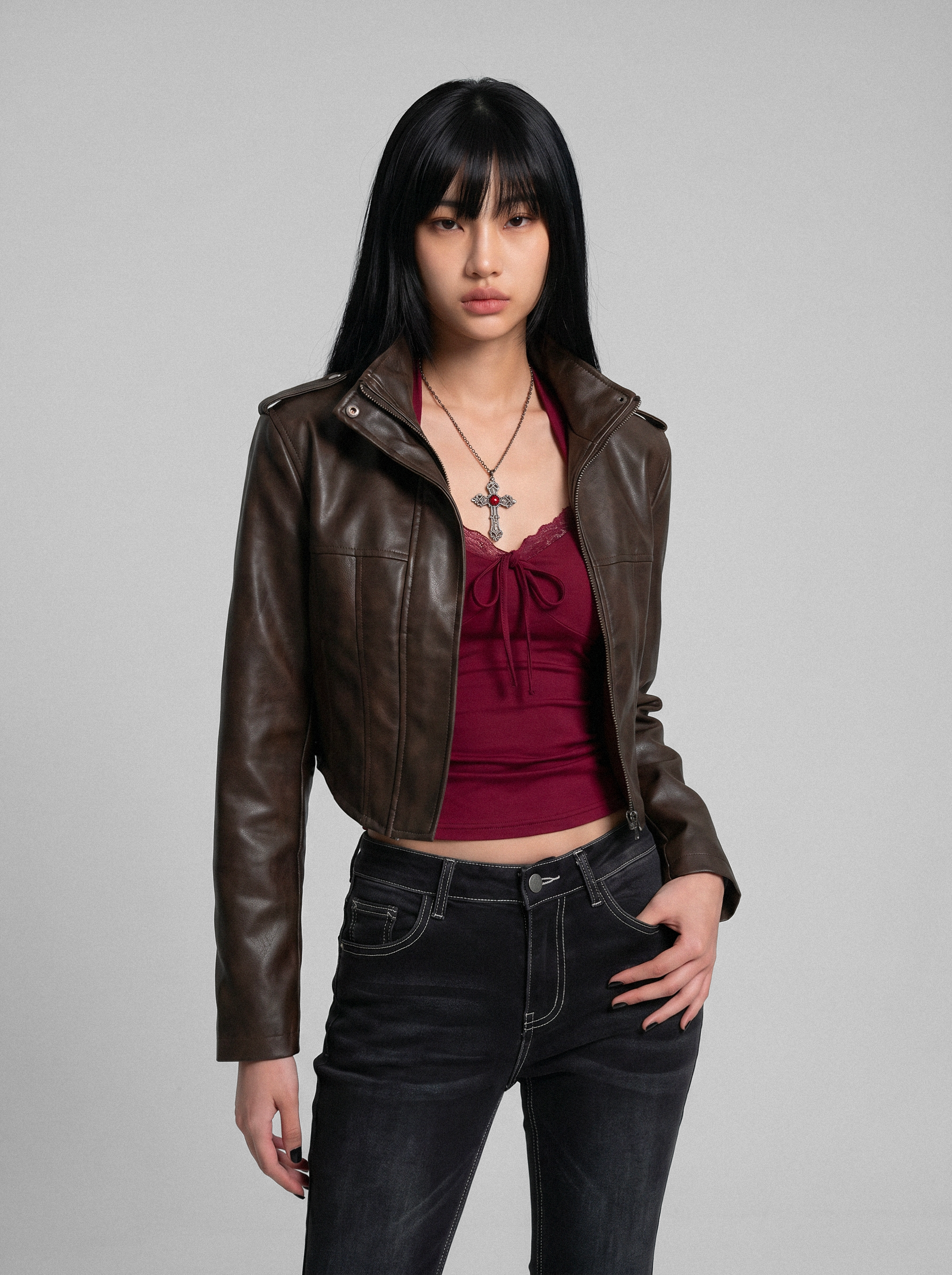Sepia Cropped Corset Moto Jacket - front view