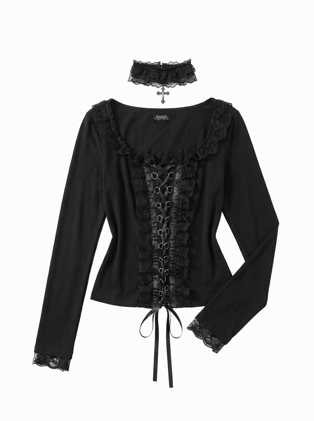 LACE-UP RUFFLE TRIM TOP