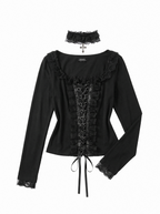 LACE-UP RUFFLE TRIM TOP
