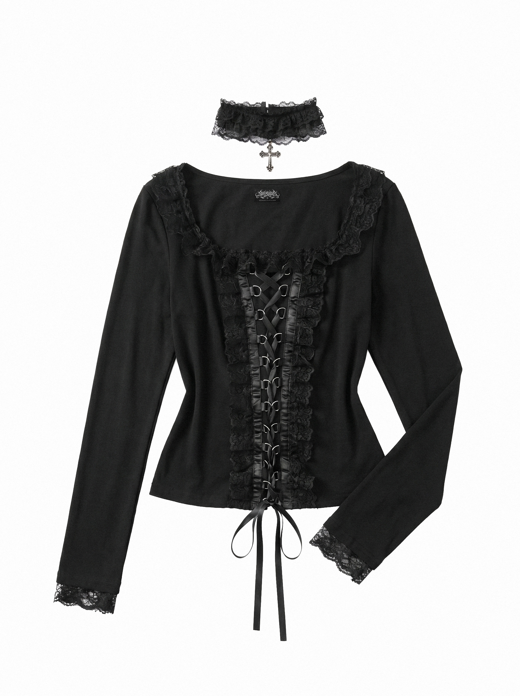LACE-UP RUFFLE TRIM TOP