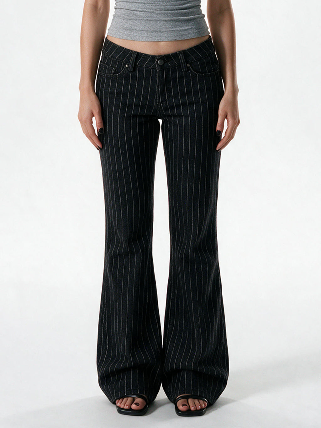 Black pinstripe low rise bootcut trousers