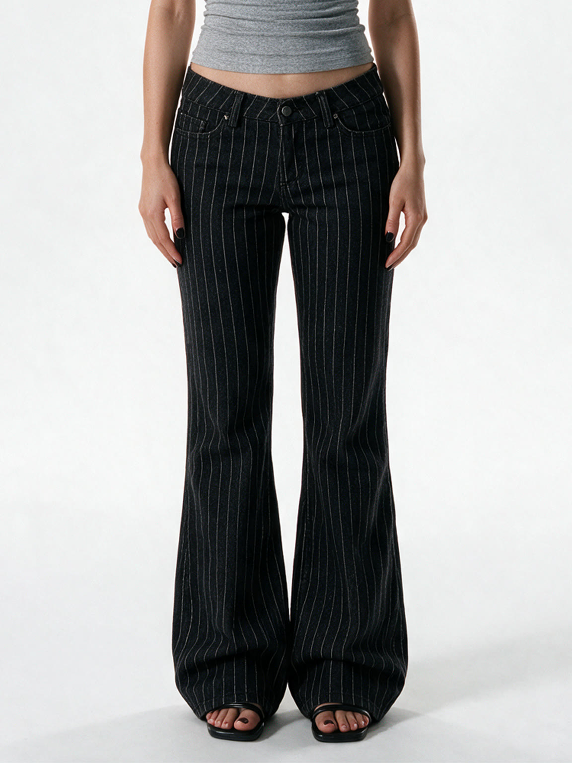Black pinstripe low rise bootcut trousers