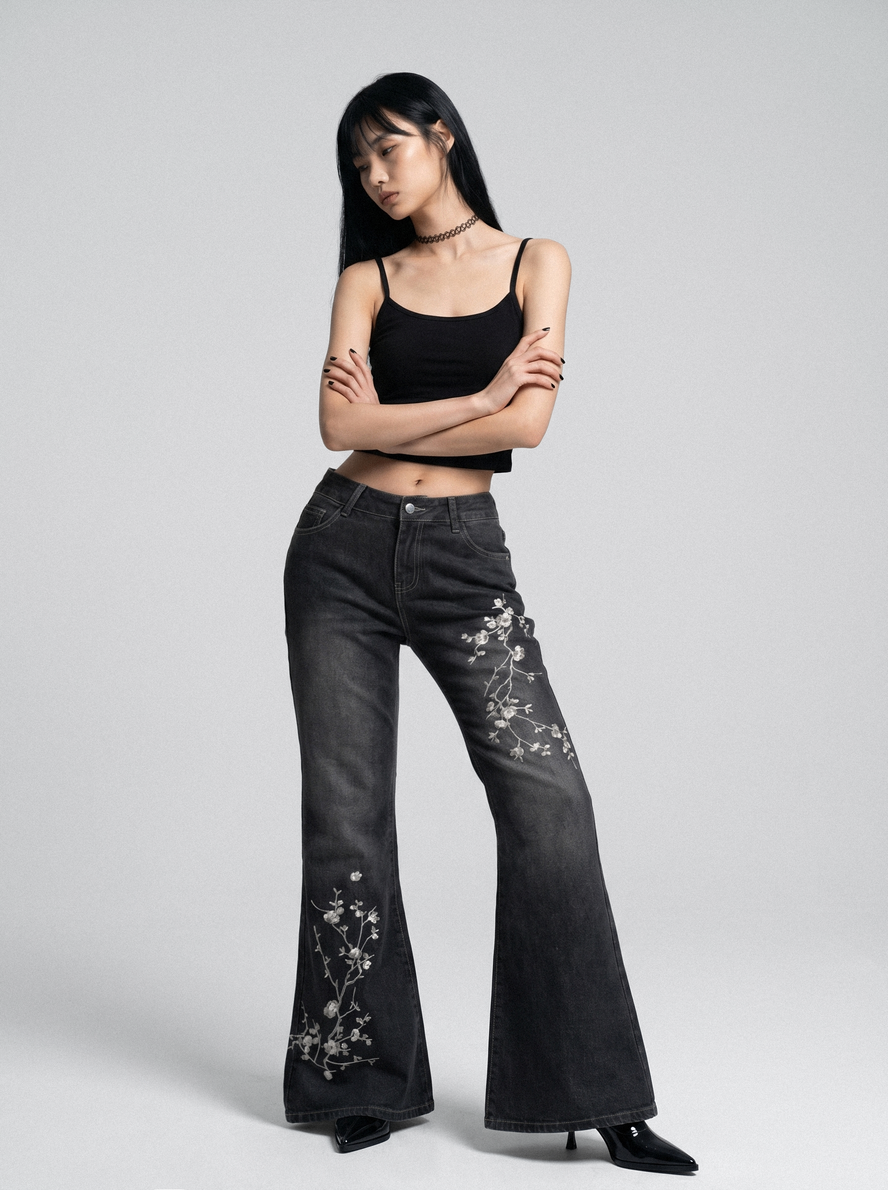 Cherry Blossom Embroidered Flare Jeans