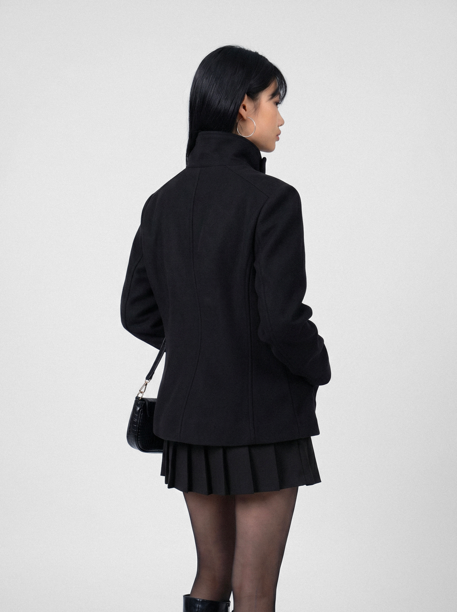 Asymmetric Stand Collar Wool Coat - back view