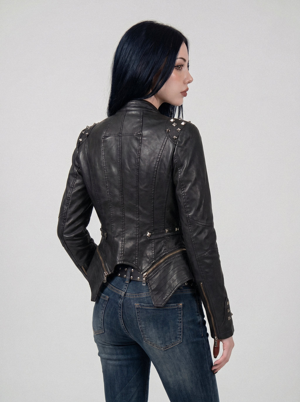 Pyramid Stud Asymmetric Moto Jacket - back view